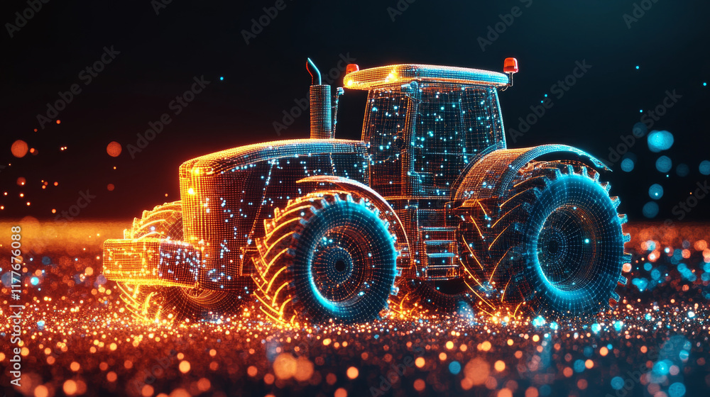 Poster tractor with a tank of particles. the tractor consists of dots and circles. vector illustration.