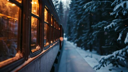Vintage Train Moving Through Snowy Forest at Dusk