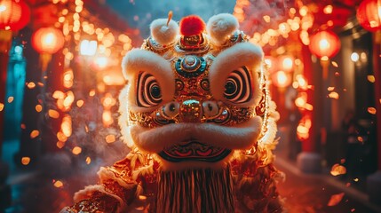 Fototapeta premium Vibrant Lion Dance Costume in a Festive Celebration at Night