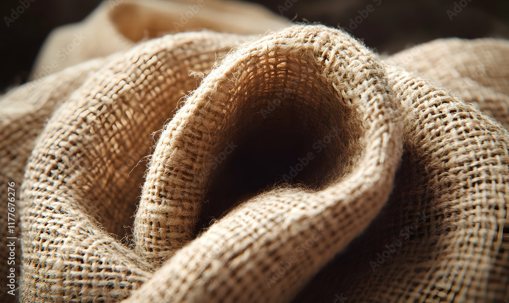 Poster close-up of textured burlap fabric, showing its intricate weave and natural fibers. perfect for rust