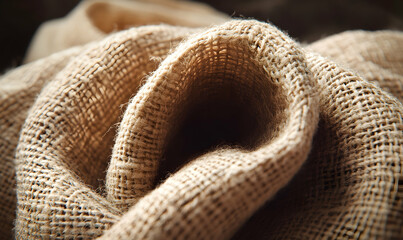 Close-up of textured burlap fabric, showing its intricate weave and natural fibers.  Perfect for rustic designs or craft projects.