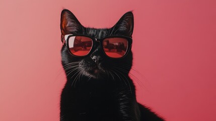 Stylish black cat wearing sunglasses on a vibrant background with ample copyspace for personalized text or branding messages.