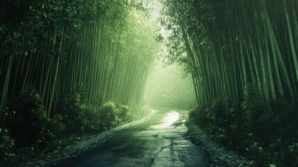 Obraz premium Serene bamboo forest road illuminated by soft light creating a tranquil and peaceful nature scene ideal for relaxation and meditation themes