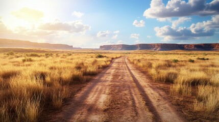 Serene Dirt Road Through Golden Grassland Landscape