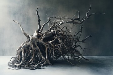 Ancient, gnarled tree roots sprawl across the ground, a testament to time and nature's relentless power.