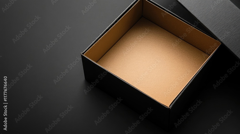 Poster black cardboard box with open lid on dark background showcasing empty interior space for customizabl