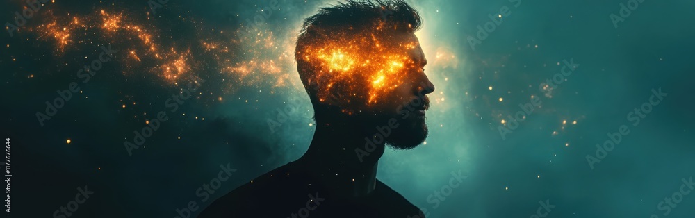 Aufkleber Conceptual representation of a man with a cosmic glow emanating from his head in a surreal backdrop