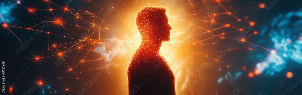 Poster man glowing with energy surrounded by abstract light patterns in a dark setting showcasing a futuris