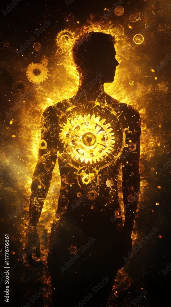 Poster Conceptual representation of a glowing man showcasing inner mechanisms and energy in a vibrant, surreal environment