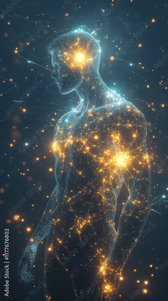 Aufkleber man glowing with cosmic energy in a dark, starry atmosphere symbolizes connection and the universe