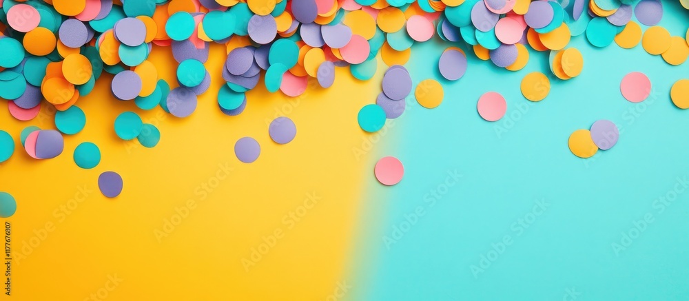 Poster colorful confetti scattered on a vibrant yellow and turquoise background with empty space for custom