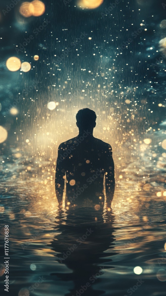 Poster Man glowing in tranquil water while surrounded by soft lights and shimmering reflections at night