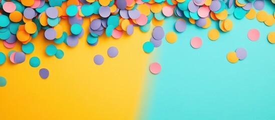 Colorful confetti scattered on a vibrant yellow and turquoise background with empty space for customizable text or message