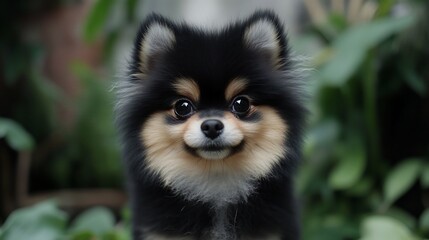 Obraz premium Cute Pomeranian puppy, garden background, pet portrait, website use