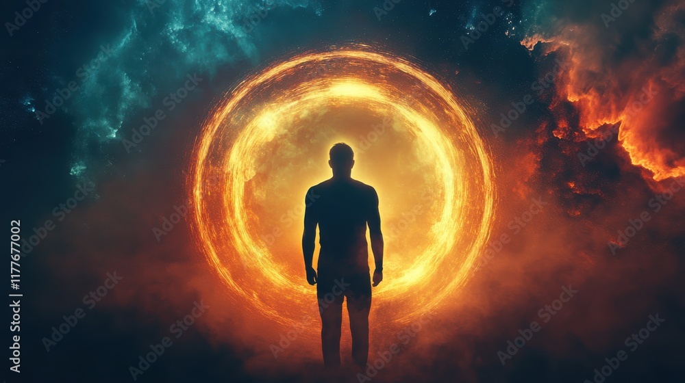 Poster glowing man stands before a vibrant circular portal in a surreal cosmic landscape at dusk