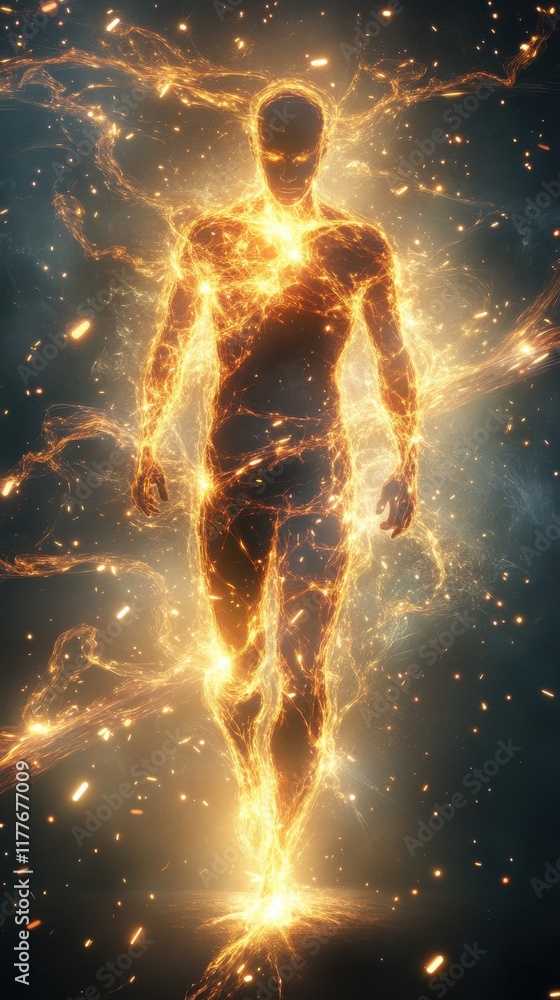 Aufkleber man radiating vibrant energy, surrounded by glowing light in an abstract realm of creativity and exp