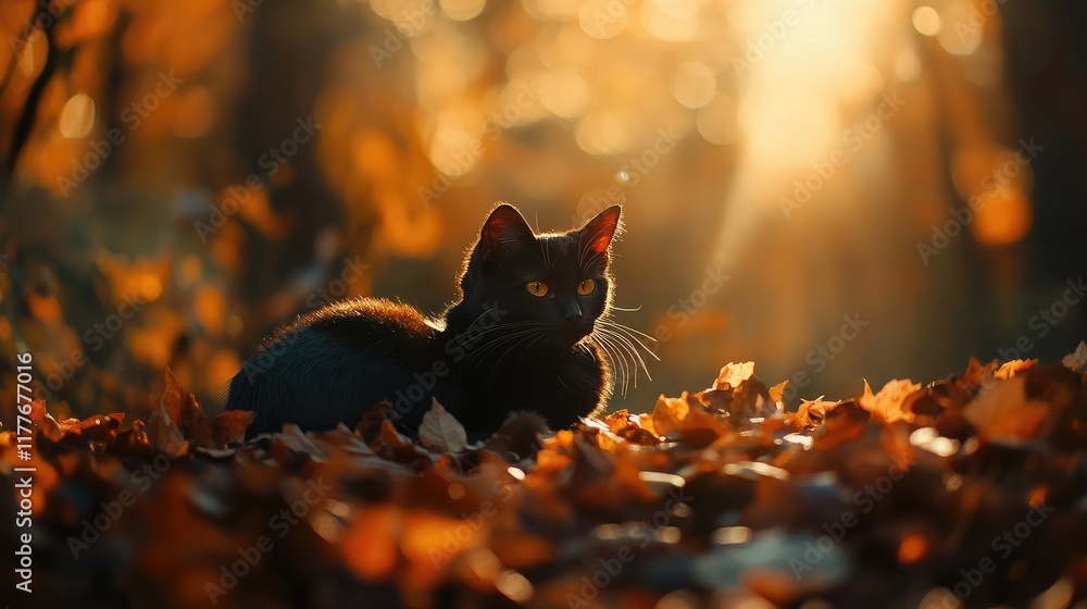 Poster black cat relaxing among autumn leaves illuminated by sunlight with soft bokeh background and ample 