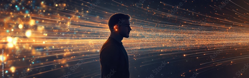 Poster conceptual visualization of a glowing man in a cosmic setting surrounded by radiant lights and dynam