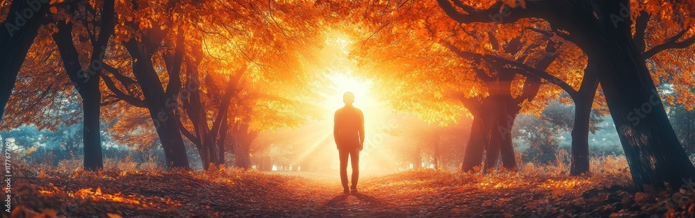 Poster man illuminated in a vibrant autumn forest with glowing trees at sunset