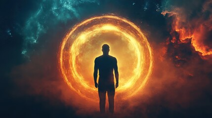 Glowing man stands before a vibrant circular portal in a surreal cosmic landscape at dusk