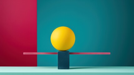 A minimalist yellow balancing rod sculpture with sleek, geometric shapes, set against a bold teal and pink background, creating a vibrant 