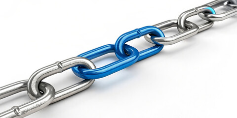 Obraz premium A metal chain features a single blue link among several silver links, creating a striking contrast. The clean, reflective surface of the links highlights their metallic quality.AI