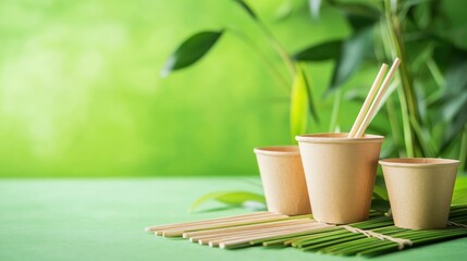 Eco friendly bamboo and paper tableware with chopsticks on green background showcasing sustainable dining options and natural materials