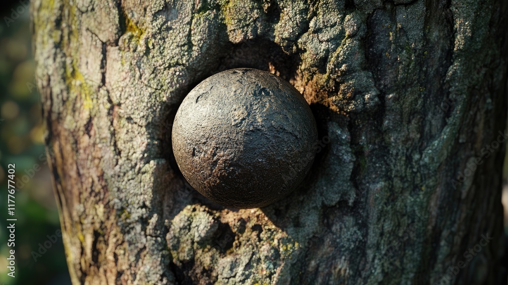 Poster rustic tree texture with inset sphere captured in natural setting
