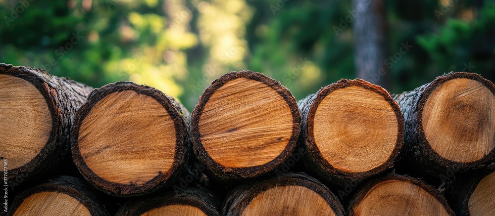 Poster stacked wooden logs in forest setting with natural bokeh background and ample copy space for text or