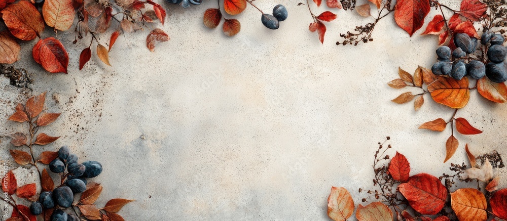 Poster autumn leaves and berries frame with warm fall colors providing empty space for custom text and seas