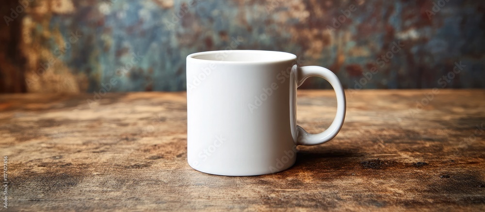 Aufkleber black coffee in white ceramic mug on rustic table with empty copyspace for text and warm background 