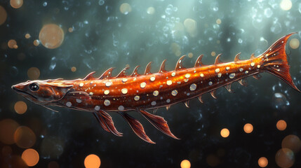 Sturgeon of the particles. Sturgeon consists of circles and dots. Sturgeon falls apart into molecules.