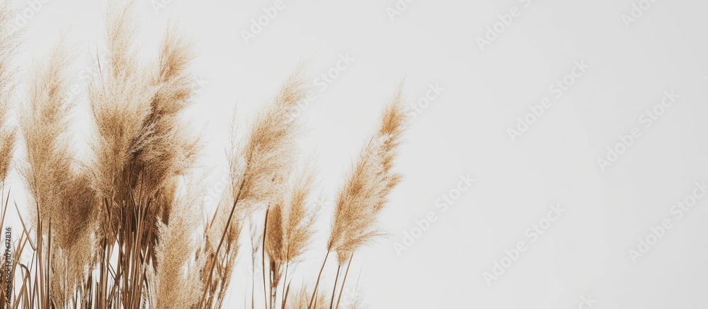 Poster boho style background with dried grass in neutral tones and copyspace for text
