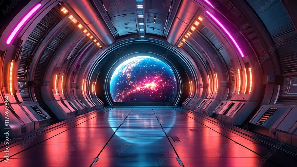 Poster spaceship corridor showing earth through porthole with pulsating lights