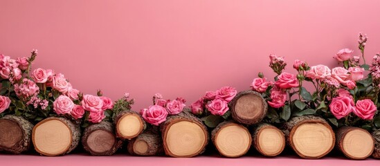 Autumn Winter Pink Roses and Wooden Logs with Blank Space for Text Ideal for Seasonal Invitations or Home Decor Promotions