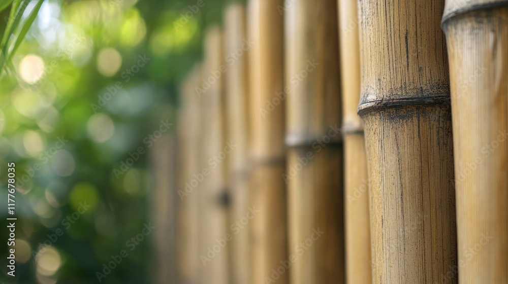 Poster bamboo fence in selective focus creating a tranquil natural atmosphere surrounded by lush greenery a