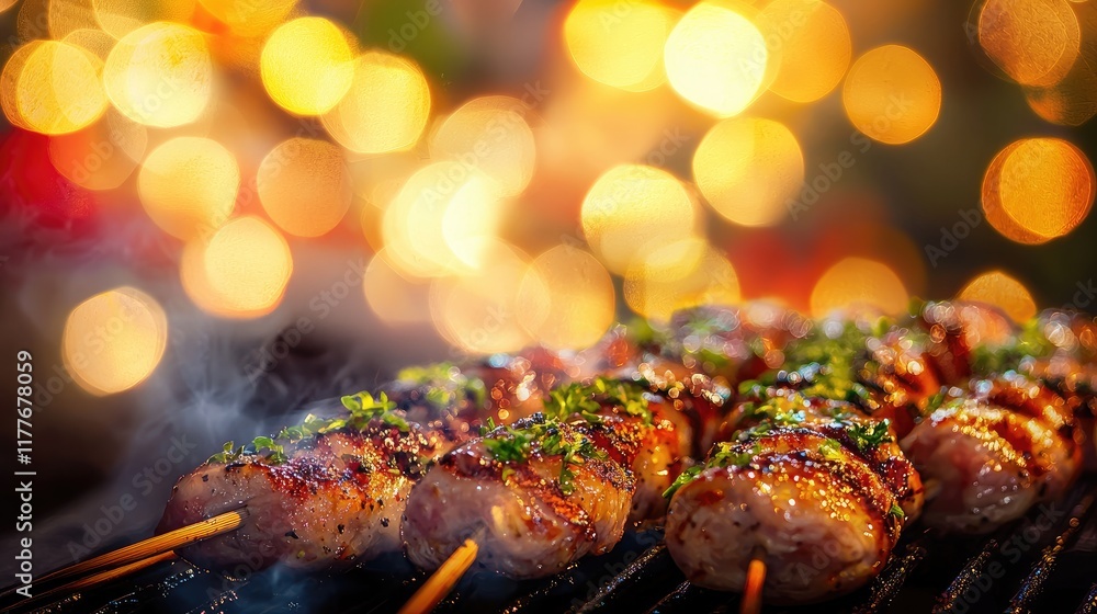 Aufkleber colorful bokeh background with grilled skewers of meat garnished with herbs creating a festive and a