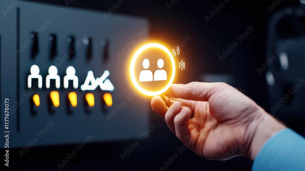 Poster hand holding icon with user symbols and controls