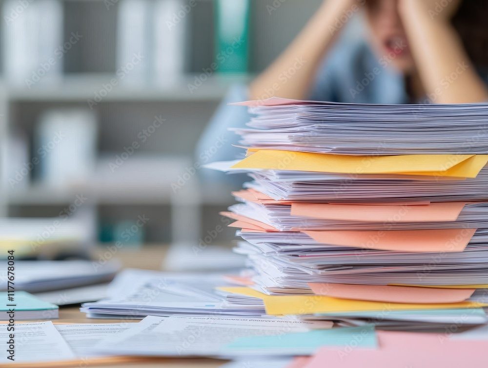 Poster overwhelmed office worker faced with a stack of unpaid invoices and overdue notices, representing fi