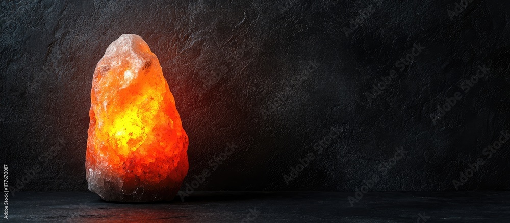 Poster crystal salt lamp glowing softly on a dark background with ample copyspace for text and design eleme