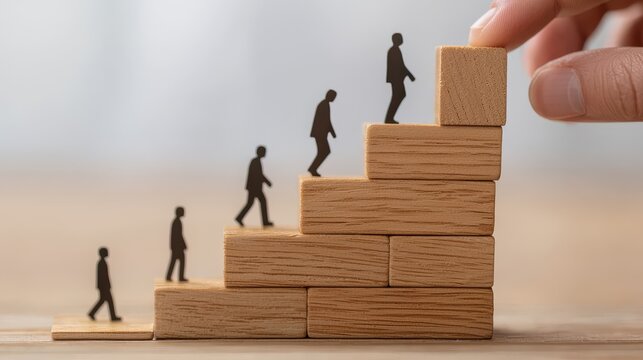 Wooden Blocks Stacked as Steps Progressing Upward with Silhouettes of People Representing Growth and Achievement in a Conceptual Setting