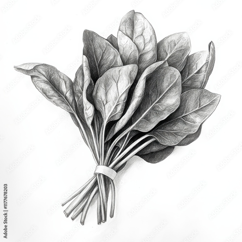 Poster pencil sketch of a bundle of fresh spinach leaves with intricate details and natural shading