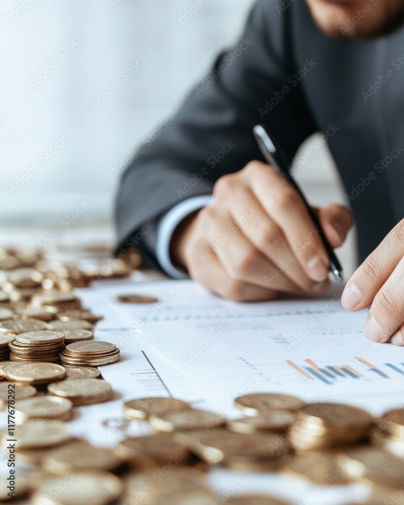 Poster Financial Advisor Reviewing Report for Stressed Clients, Analyzing Charts and Coins on Table, Close-Up of Hands with Graphs and Currency