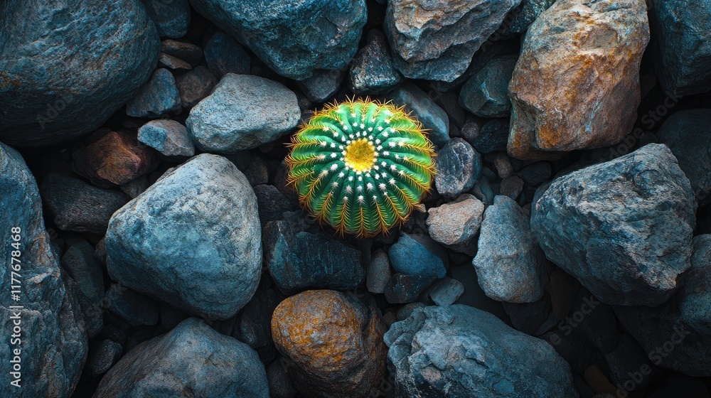 Poster ball cactus in top view surrounded by various textured rocks showcasing vibrant colors and natural e