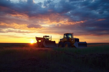 Two tractors silhouetted against a vibrant sunset sky, parked in a field of tall grass.