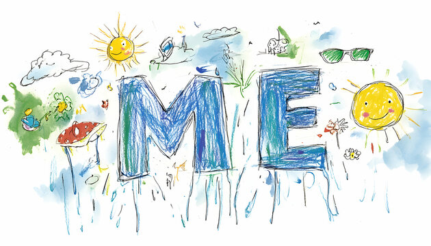 Child's drawing of "ME" surrounded by colorful, whimsical illustrations of sun, clouds, flowers, and other elements.  Perfect for illustrating concepts of self, identity, or childhood imagination.