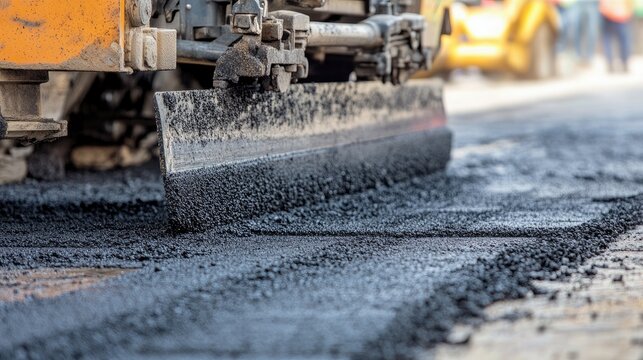 Asphalt paving machine laying fresh surface for parking lot restoration and maintenance with focus on construction equipment in action.
