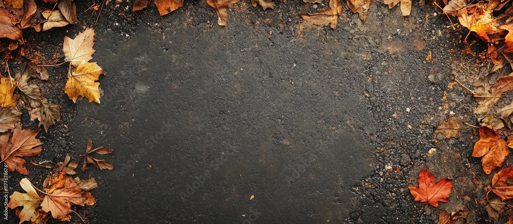 Poster autumn asphalt road surrounded by colorful fallen leaves creating a serene atmosphere with empty spa