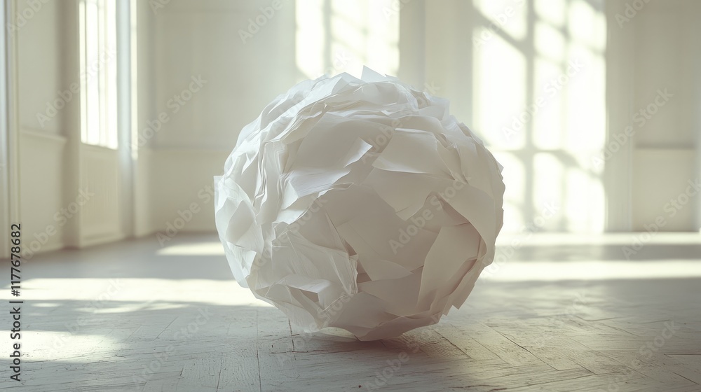 Poster crumpled ball of white paper in a sunlit room creating a minimalist and creative atmosphere with sof