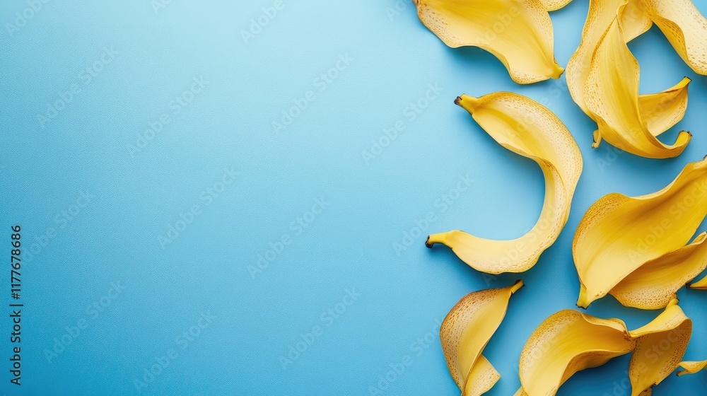 Poster banana peels scattered on a vibrant blue background creating a fresh and playful visual with ample n